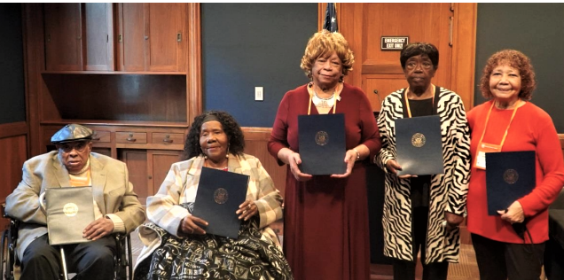 (L-R) Leroy Justice, Ernestine Avery, Shirley James, Dorothy Kirk Lewis, and Alma Stevens, Five of the Scarboro-Oak Ridge 85 Civil Rights Pioneers with their congressional recorded statements of their experience while visiting Senator Blackburn’s office in Washington D.C. on December 1, 2021, to be honored by the American Nuclear Society for their role in integrating the first public schools in the southeast that ushered in the modern civil rights era. (Photo: Savannah Newhouse)